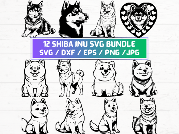 12 Shiba Inu SVG, DXF, EPS, JPG, and PNG Files: A Versatile Digital Asset Collection