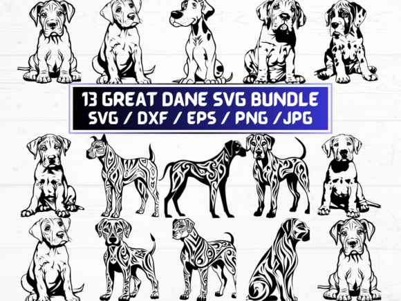 13 Great Dane SVG, DXF, EPS, JPG, PNG Files for Creative Use